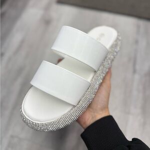 White Double-Strap Crystal Trim Slide Sandals - Women's